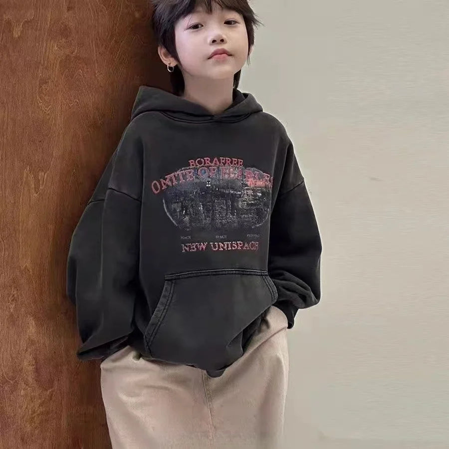 Boys Hooded Sweater Autumn New Children's Retro Trendy Casual Jumper Boys Loose Top 2025