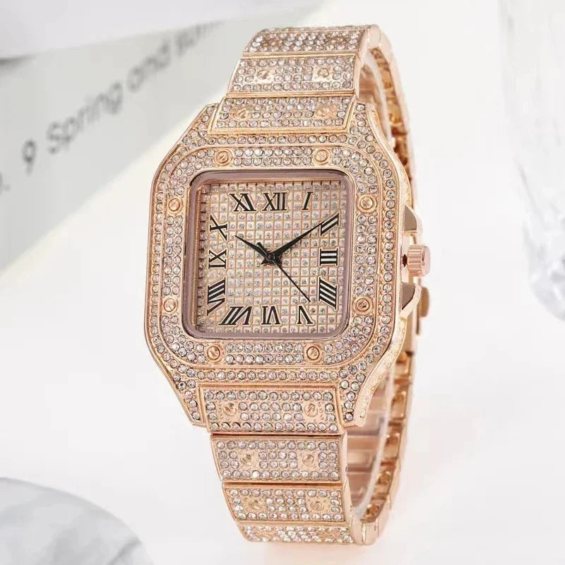2pcs Set Luxury Diamond Men's Watches Business Stainless Steel Quartz Wristwatch Male Casual Silver Bracelet Wrist Watch
