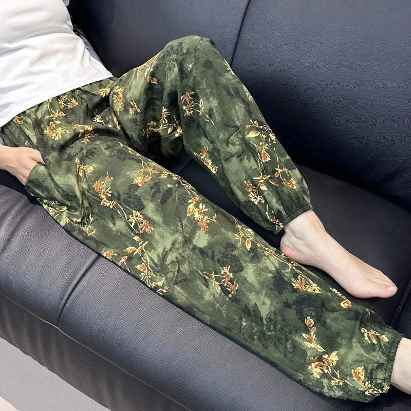 Cool Summer New Silk Cotton Spwear Loose Women's Wide Leg Pants Home Wear Floral Print Heat Resistant Comfortable Casual T...
