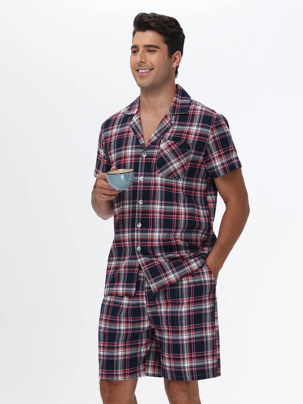 Men Summer Short Pajama Set, 2Pcs 100% Cotton Breathable Crop Pajama Short Sets Bottoms & Tops Cozy Suit for Home Outdoor
