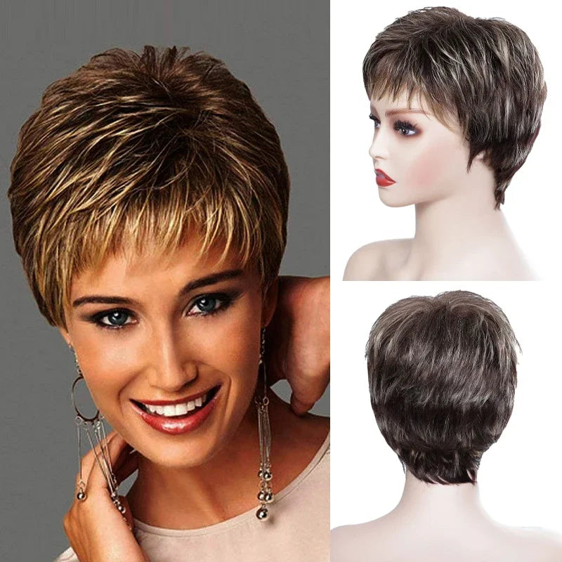 MSIWIGS Short Wavy Synthetic Cut Wigs For Women Daily Wear Africa American Brown Fake Hair