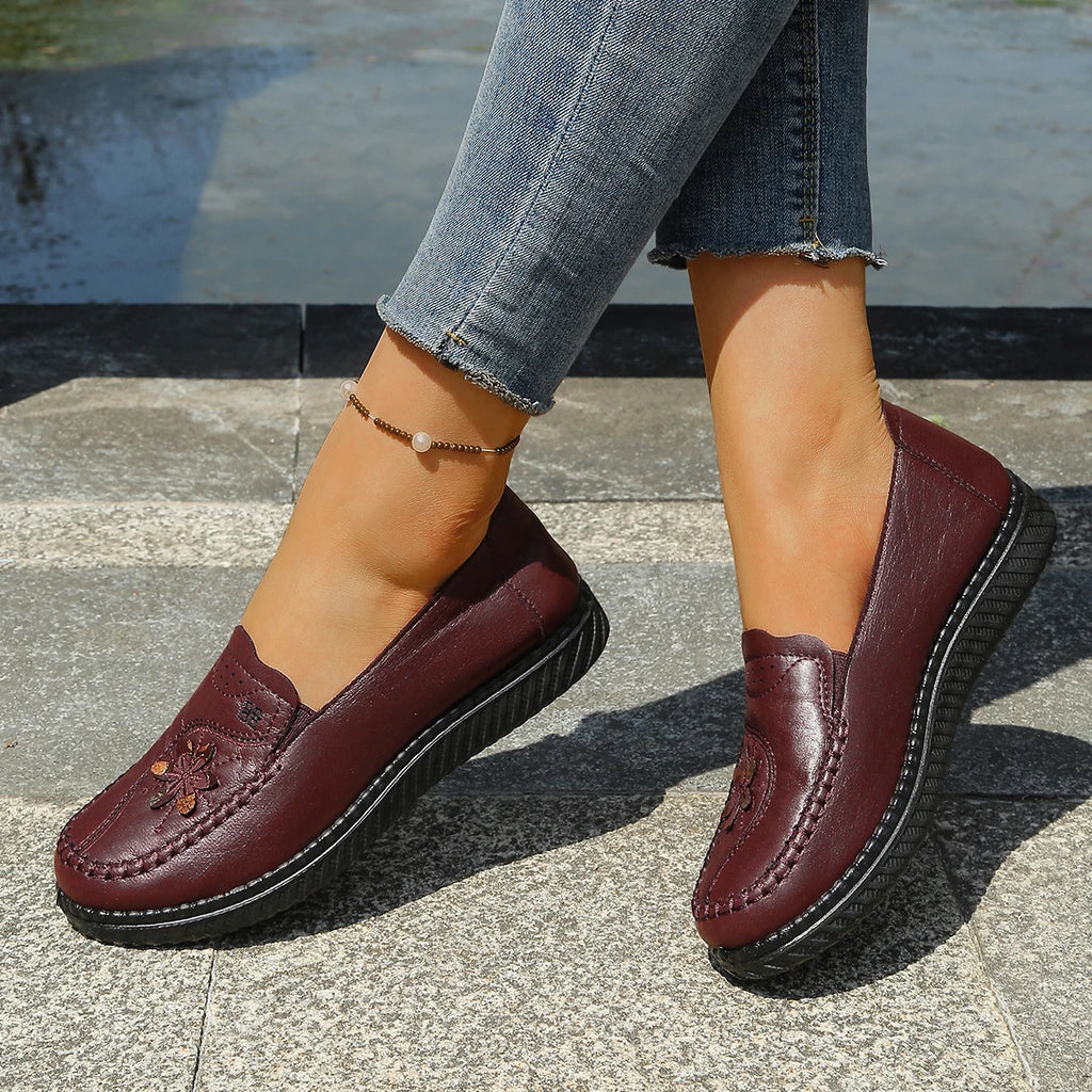 Women's Floral Slip-On Loafer Flats, Faux Leather Upper with Hand Stitching Details, Low Wedge Walking Shoes for Mature Ladies