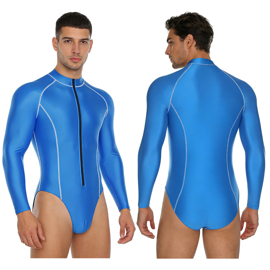 Men Swimsuit Glossy Bodysuit Rash Guard Wetsuit Swimwear Beach Surfing Sports Workout Romper Long Sleeve Zipper Silky Jumpsuit