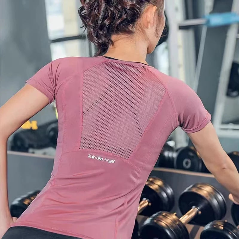 Sports T-Shirt Women Summer Breathable Sexy Beauty Back Fitness Wear Quick Dry Running Training Short Sleeve Yoga Top
