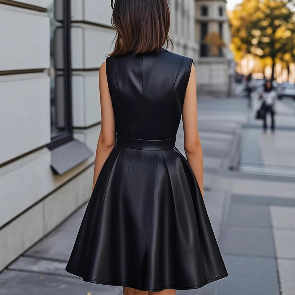 Women Pu Leather Midi Dress Elegant Solid V-Neck Sleeveless High Waist With Belt High Street Dress Chic Business Office Dresses