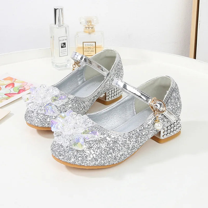Kids Causal Shoes Wedding Party Children's High Heels Princess Shiny Crystal Flower Girls Leather Shoes Pink Blue Sliver 23-38