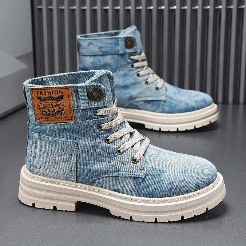 Men'S Denim High Top Boots Vintage Washed Blue Canvas Platform Shoes Lace Up Casual Combat Boots For Streetwear And All Seasons