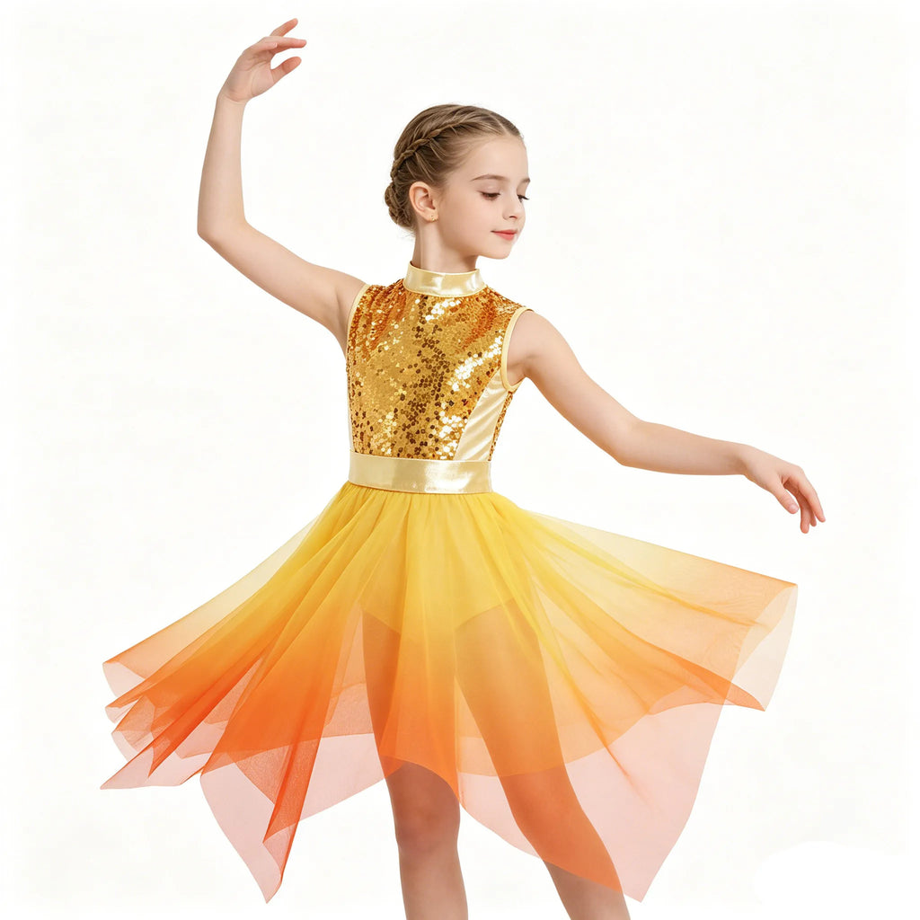 Kids Girls Modern Lyrical Dance Dress Liturgical Worship Praise Church Choir Robe Shiny Sequins Bodice Sheer Mesh Tunic Dresses