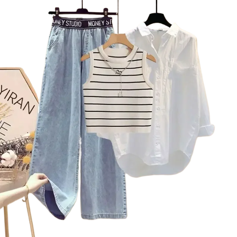 Women 2026 Spring Summer New Sunscreen Shirt+Striped Vest+Wide Leg Jeans 3 Piece Suit Korean Elegant Denim Pants Matching Set