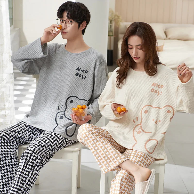 Cartoon Cute Pajamas Set For Women Men Cotton Couples Homewear Autumn Spring Long Sleep Tops Pant Nightwear Mujer hombre
