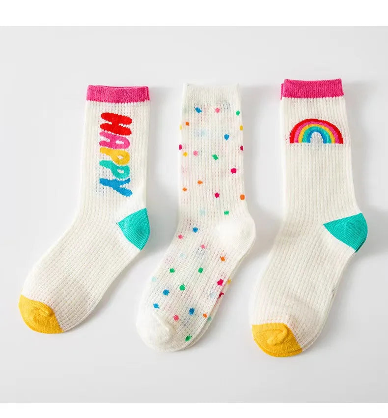 1-12Y Children Socks Summer Socks Kids Boys Girls Rainbow Color Cute Trendy Socks Ventilation 3 Pairs/bag