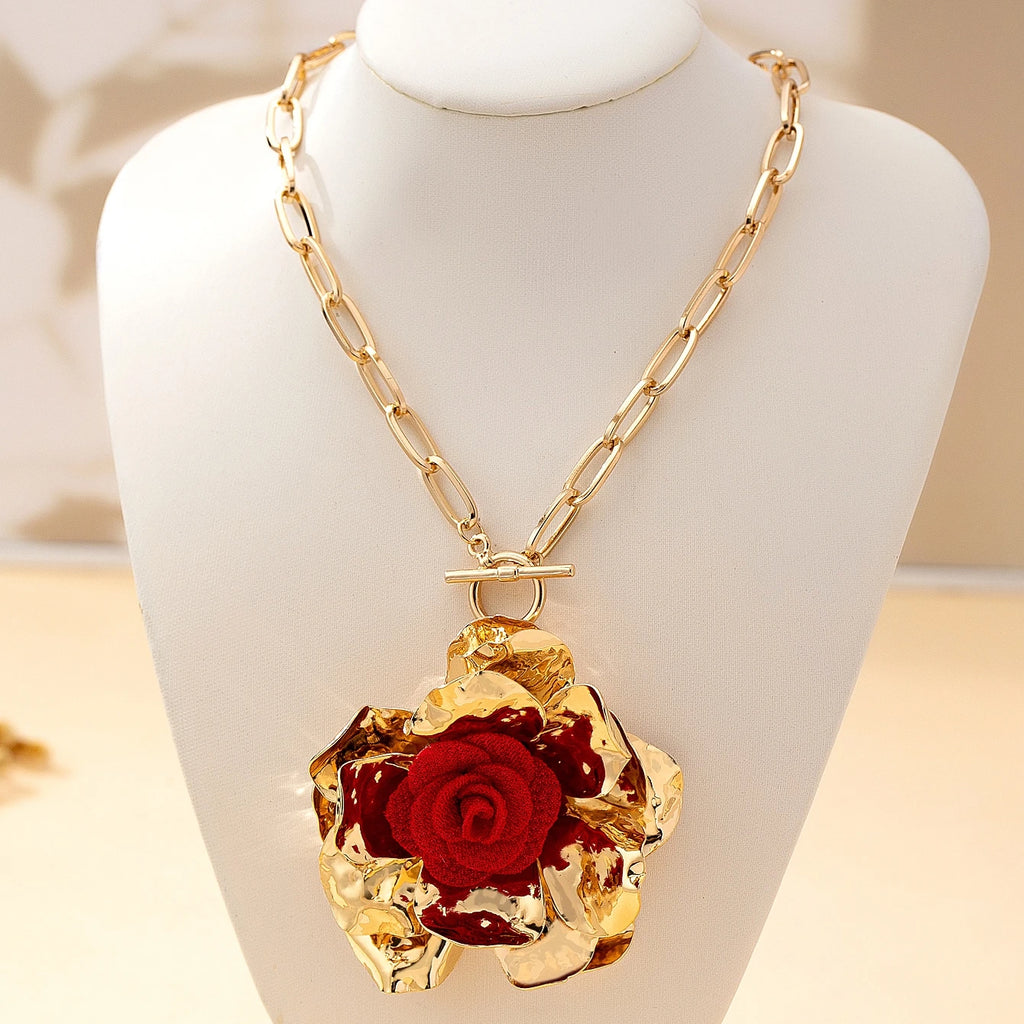 Women's Jewelry Set with Three-Dimensional Floral Fabric and Red Flower Centers, Exaggerated Jewelry Set Suitable for Daily Wear and Vacation