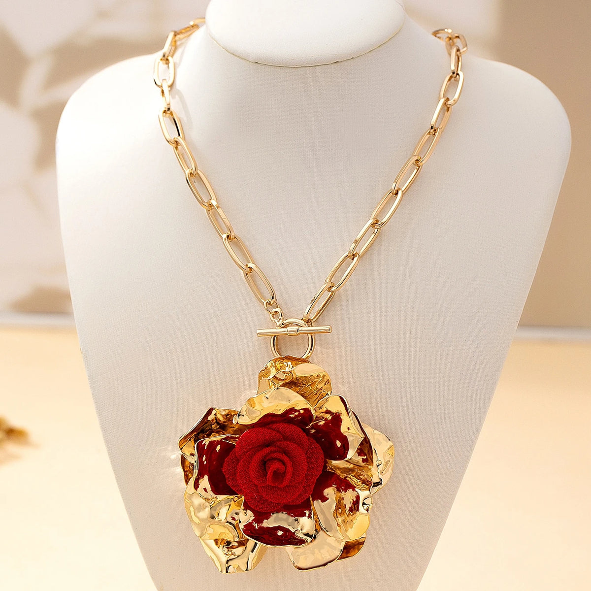 Women's Jewelry Set with Three-Dimensional Floral Fabric and Red Flower Centers, Exaggerated Jewelry Set Suitable for Daily Wear and Vacation
