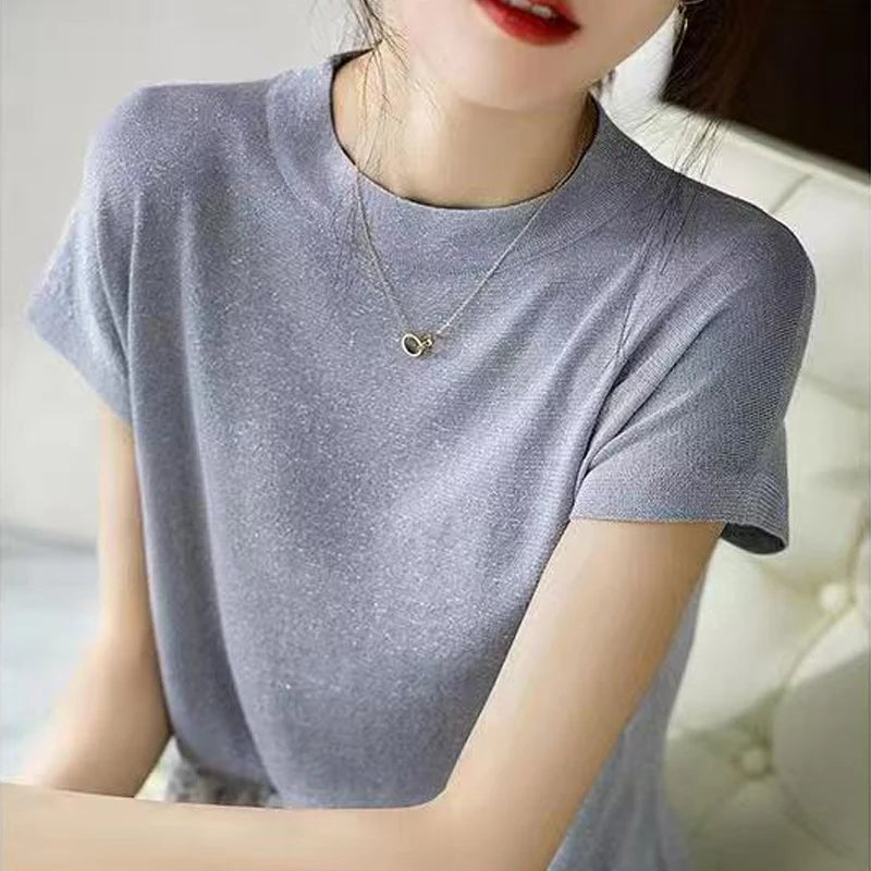 Commuter Joker Bright Silk Round Neck Ice Silk Short-Sleeved T-Shirt Women's Summer Thin Loose Slim Plus Size Vest Sweater