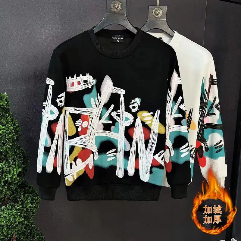 Premium Graffiti Hoodie Men's Trendy T-shirt Spring and Autumn Long Sleeve 2024 New Winter Coat with Velvet