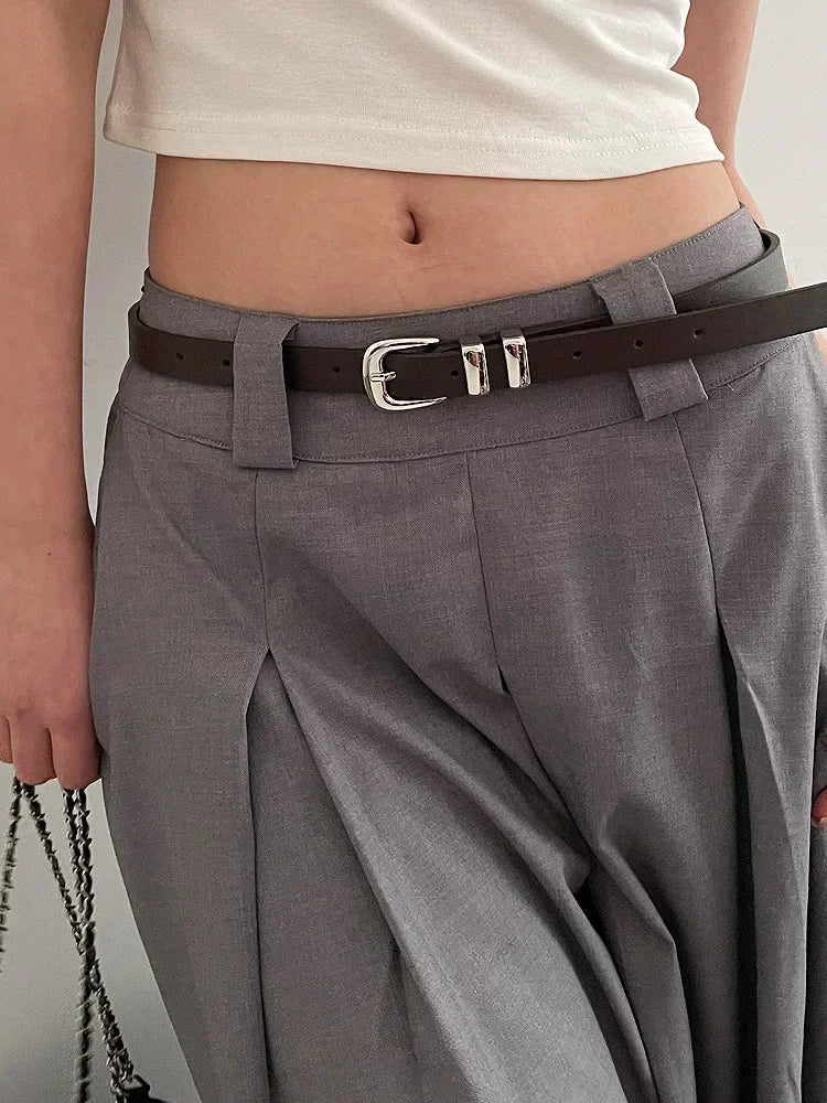 Fashionable Thin Belts for Woman Minimalist Solid Color Versatile Belts Beautiful Silver Color Metal Buckle Belts