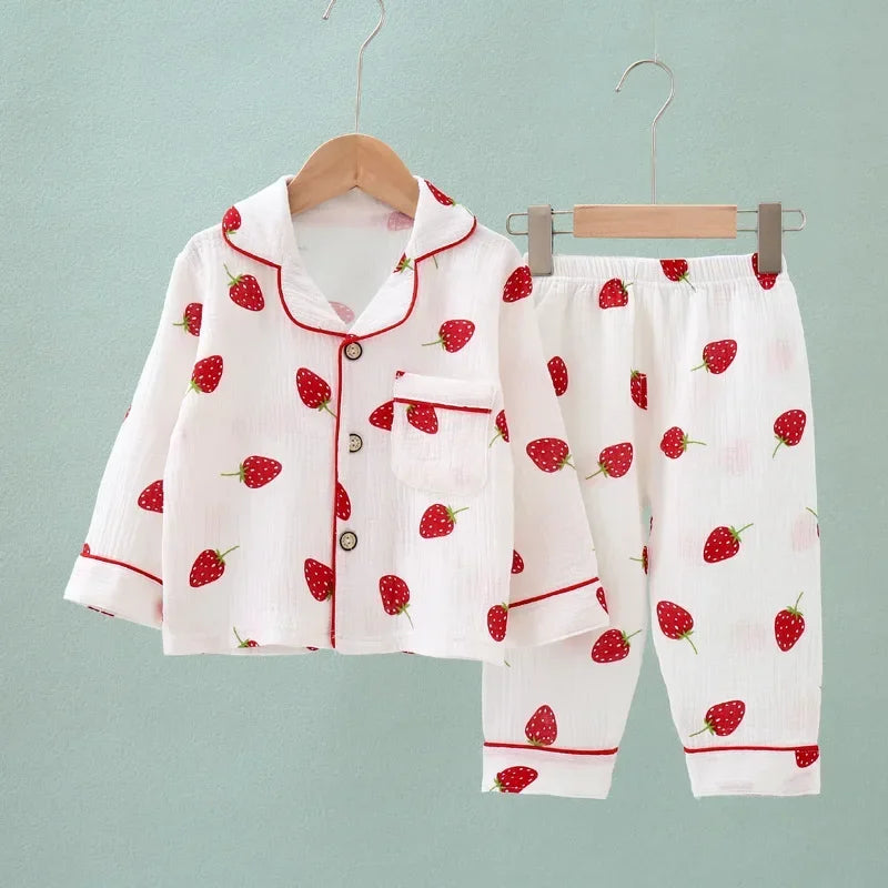 Kids Summer Thin Pajamas Sets New 2023 Boys Girls Cotton Linen Cartoon Long Sleeve Lapel Shirt Tops with Pants Baby Home Wear