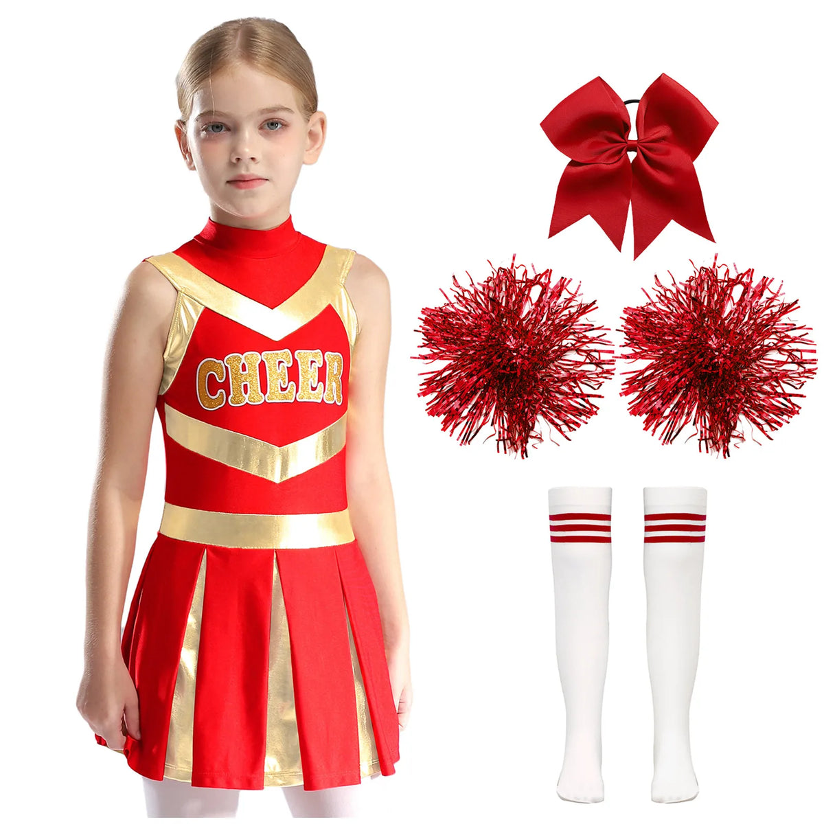 Kids Girl Cheerleading Dance Performance Costume Sleeveless Leotard Dress for School Show Sports Meeting Halloween Cosplay Party