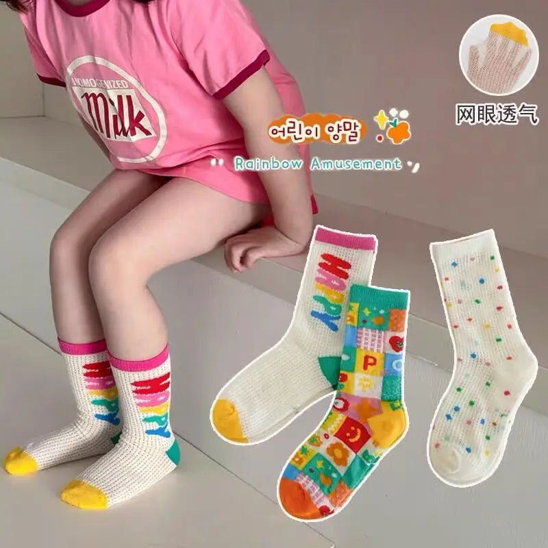 1-12Y Children Socks Summer Socks Kids Boys Girls Rainbow Color Cute Trendy Socks Ventilation 3 Pairs/bag