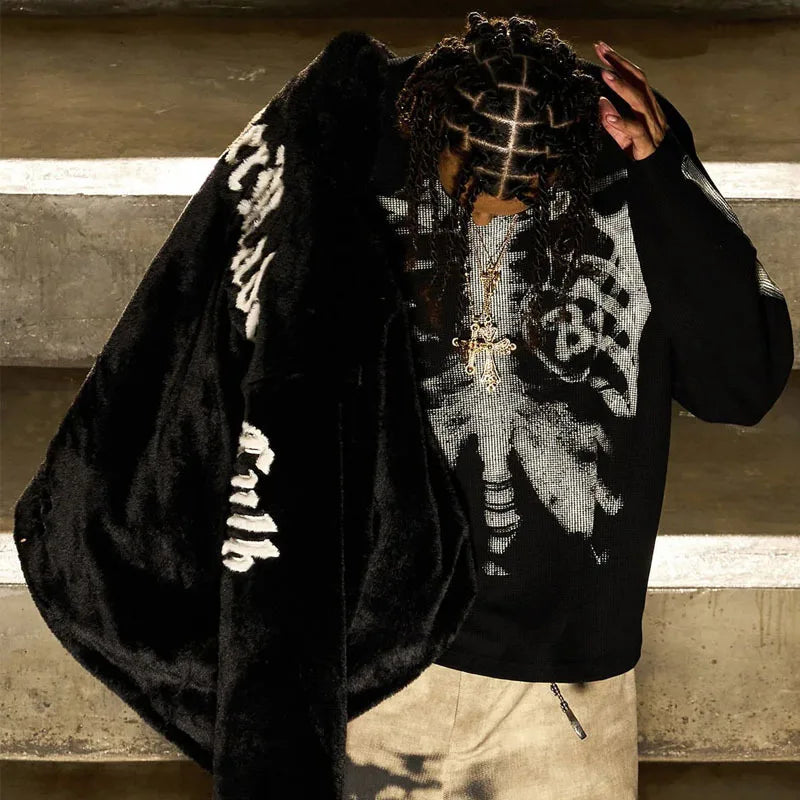 Autumn Harajuku Instagram Street Fashion American Retro Hoodie Skeleton Printed Round Neck Long Sleeve Y2k Unisex