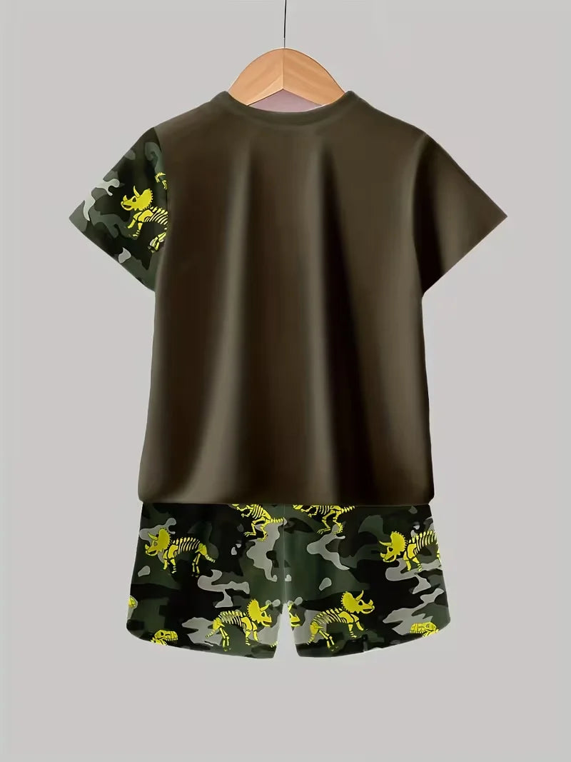 Boys 2Pcs Summer Outfit Graffiti Dinosaur Print Short Sleeve T-Shirt + Shorts Set  Casual Sportswear Kids Streetwear Tracksuit