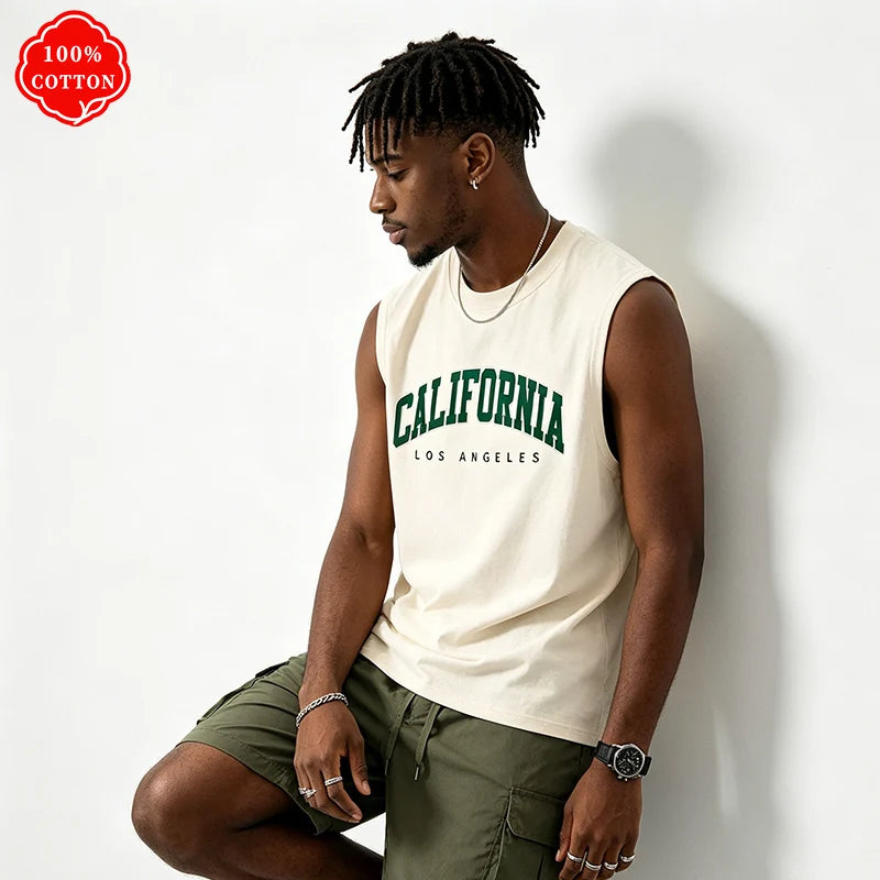 100% pure cotton men's summer casual loose California pattern printed fitness breathable round neck sleeveless vest-H13