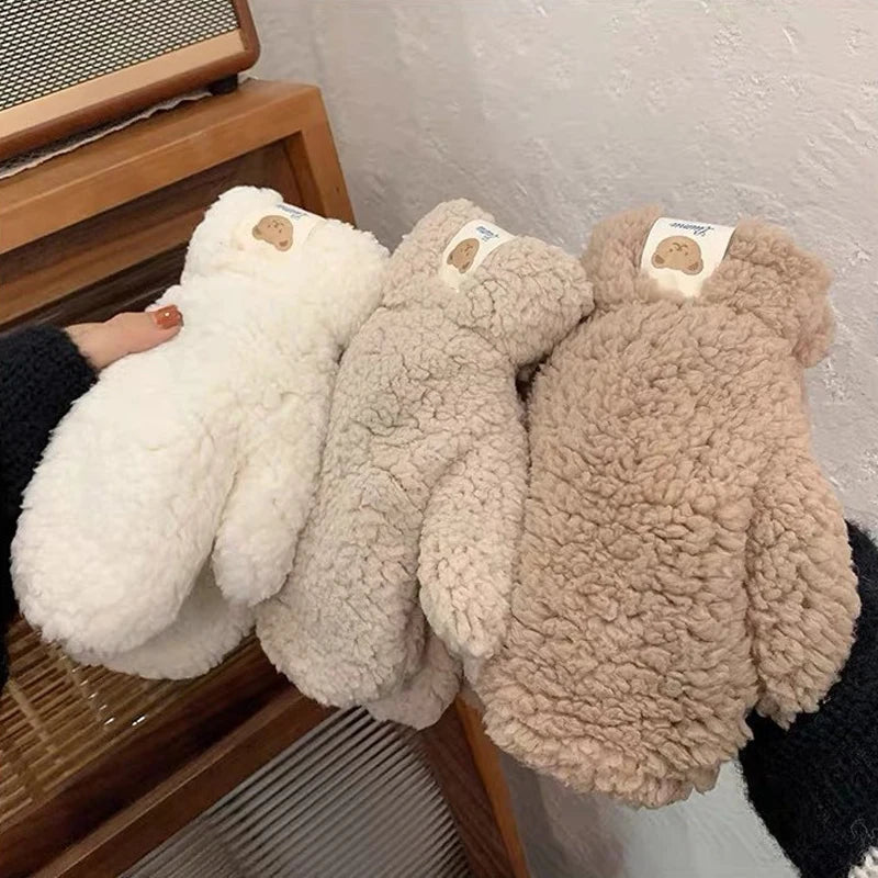 Women's Gloves Korean Kawaii Cute Sweet Preppy Style Funny Verstaile Thicked Funny Plush Warm Windproof Mittens For Girl Gift
