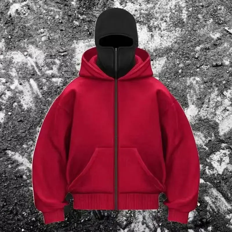 Balaclava Men Zip Hoodie Winter Warm Casual Sweatshirt Y2K with Hooded Face Mask Zipper Design Sports Jacket Outdoor Activities