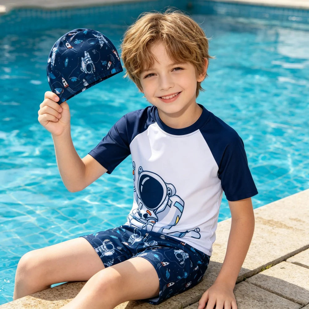 Girls Swimsuit Children Summer Short Sleeve Swimwear Kids 3PCS Top+Shorts+Cap Bathing Suit Boys Swimming Suit 3-14Y