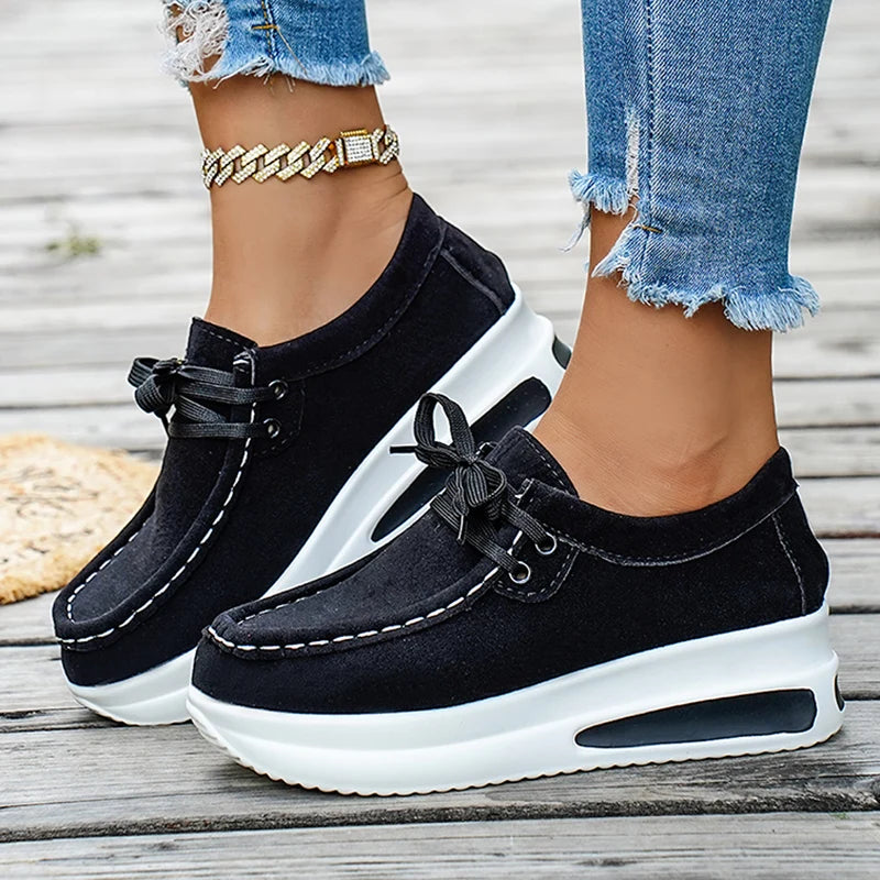 Basic Color Platform Loafers for Women 2026 Spring Light Thick Sole Wedge Sneakers Woman Plus Size Lace Up Non Slip Casual Shoes