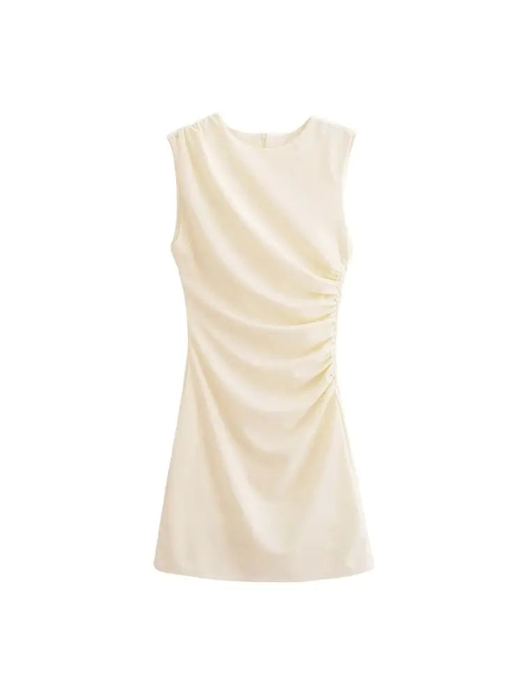 Women's Draped Mini Dress, O Neck, Sleeveless, Back Zipper, Female Dresses, Sexy Fashion