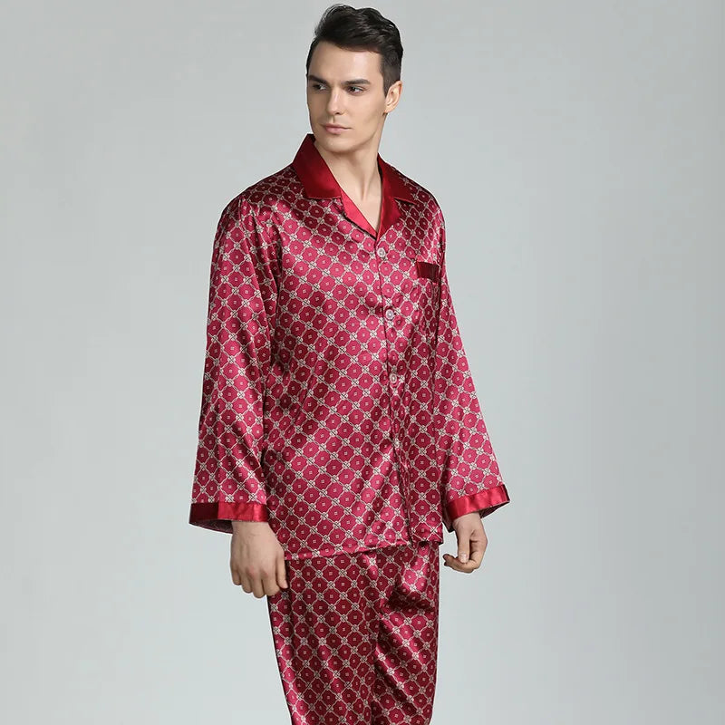 Pajamas Set Men's Home Clothes Long Sleeve Shirt&pants Male Satin Print Nightwear Casual Trousers Suit Spring Summer Loungewear