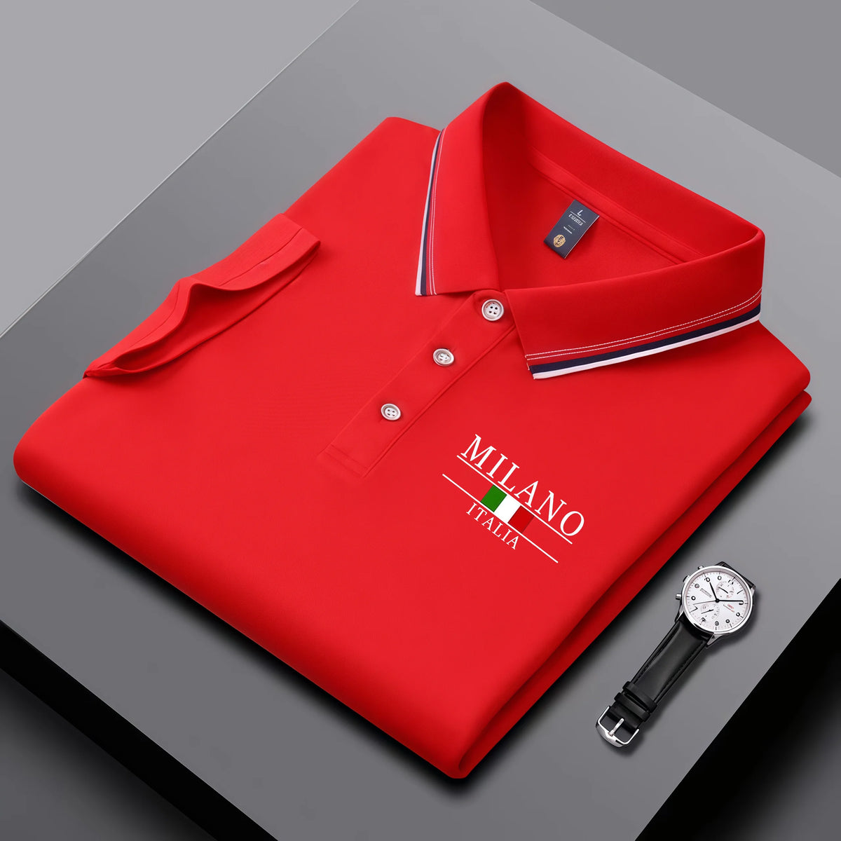 Summer men's trendy polo shirt with Italian Milan print, striped collar, summer breathable casual business top