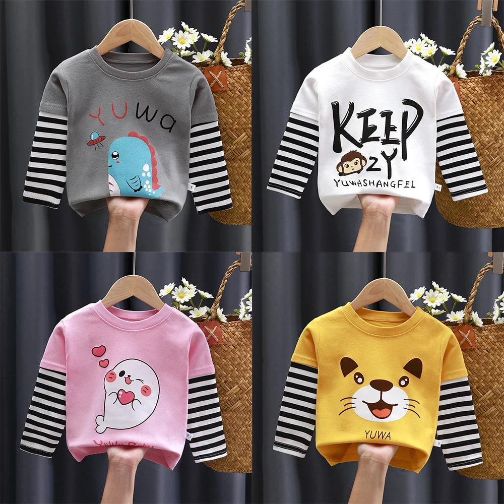 Kids Spring Autumn Long Sleeve Tops Boys Girls Cute Cartoon Shirts Toddler Daily Bottoming Tees Baby Soft Casual Outfits