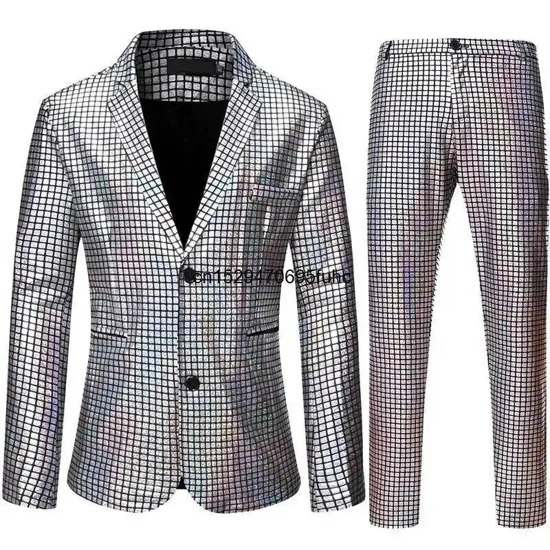 Shiny Mens Stage Prom Suits Rainbow Plaid Sequin Jacket Pants Men Dance Festival Christmas Halloween Party Costume Homme