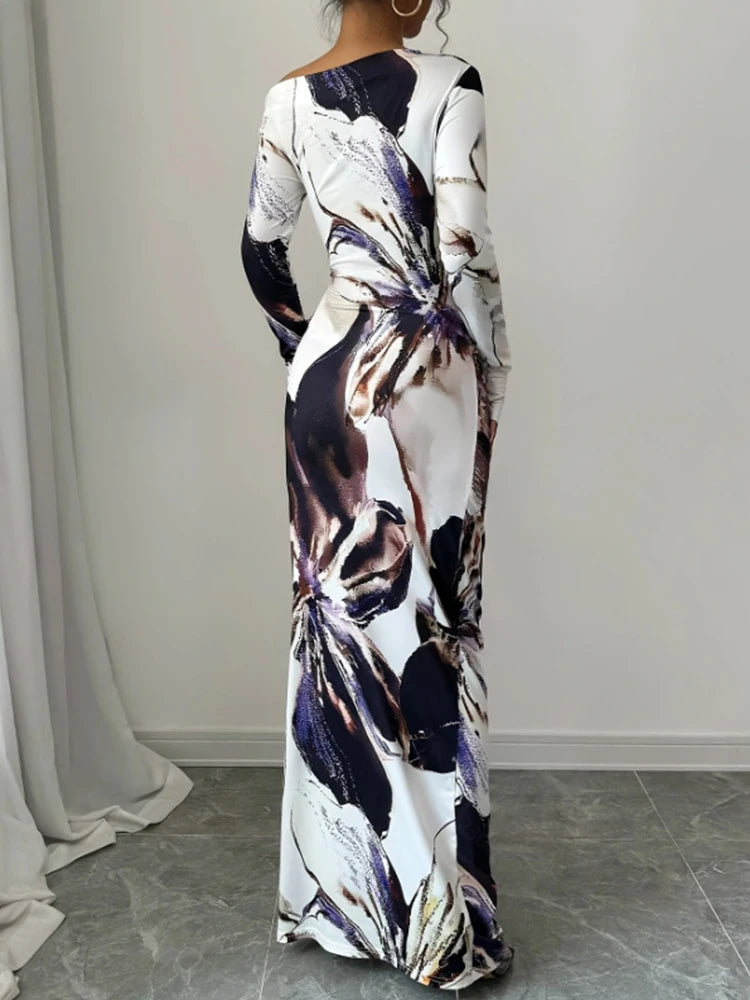 Fashionable Elegant Slim Fit Printed Long Dresses For Women Sexy Slanted Shoulder Long Sleeved Dress Spring Summer 2025 New