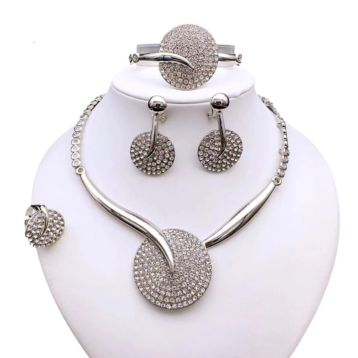 Exquisite Jewelry Set Big Round Rinestone Pendant Necklace for Women Girl's Gift African Party Accessories Daily Wear