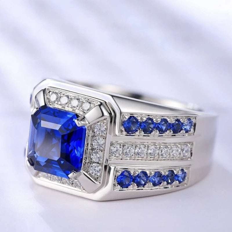 European and American fashion new men's jewelry, inlaid with blue square zircon, grand luxury men's ring