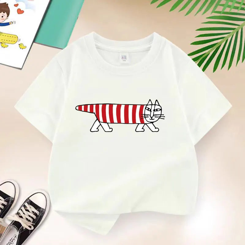 Korean Sweater Cat Children Clothing New Boys T-shirt Teen Funny Summer Top Cotton Kids Short Sleeves Baby Kids TShirt 2-12 Year