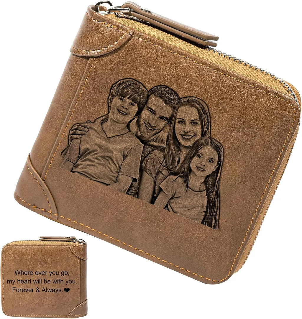 Personalized Custom Photo Wallets for Men, Engraved Customized Zipper Bifold Picture Wallet Fathers Day Birthday
