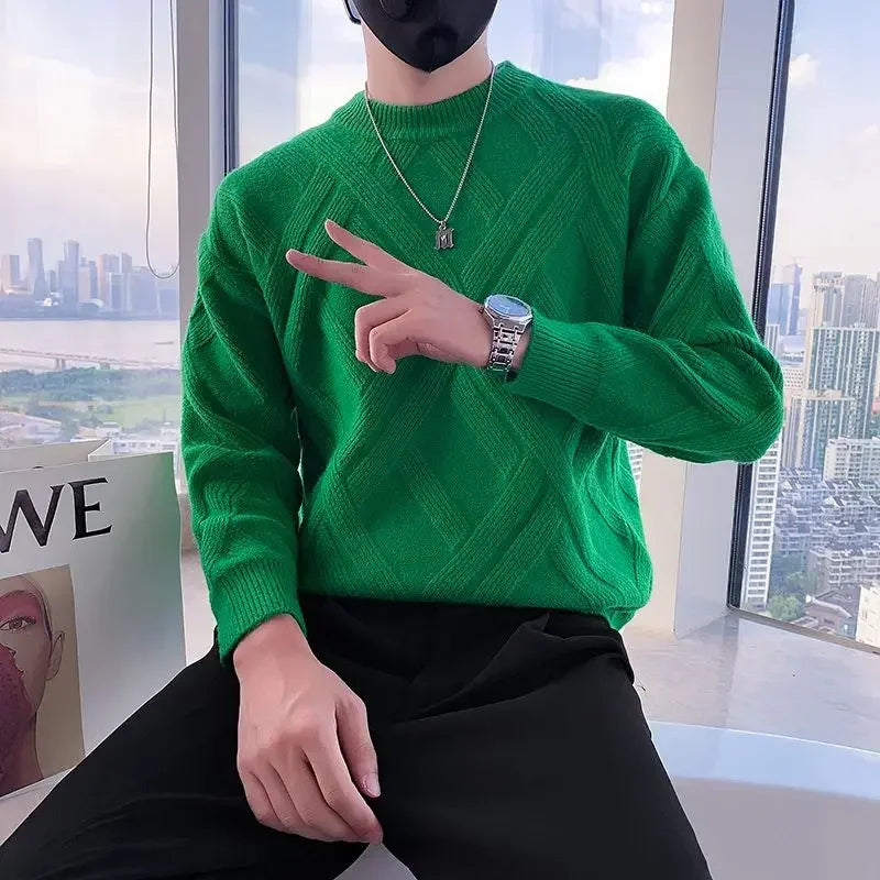 White Knitted Sweaters for Men Round Collar Green Crewneck Pullovers Man Clothes Clothing Knitwears Y2k Streetwear Fun Casual S