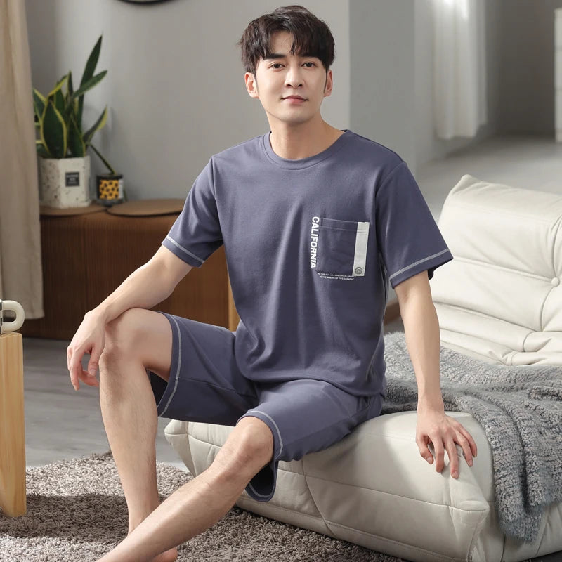 MiiOW 2Pcs Men's Pajamas Set Summer O-neck Mens Short Sleeve Homewear Big SIze L-3XL Man Sleepwear Cotton Breathable Men Pajamas