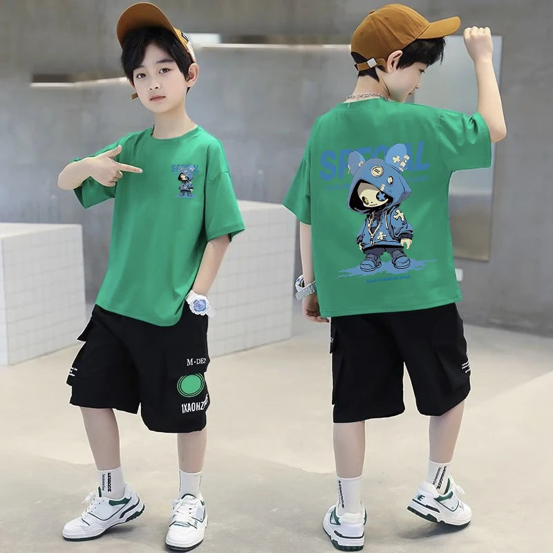 Korean Children's Clothes 2025 Boys Hip Hop Cartoon Graphic T Shirts Girls Short Sleeve Cotton Children Top Baby Summer Clothes