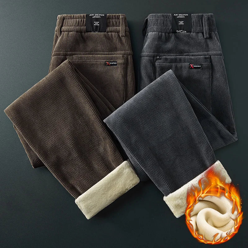 Winter Fleece Warm Corduroy Fabric Men's Casual Pants Outdoors Business Thick Flocking Plush Black Grey Brown Trousers Male
