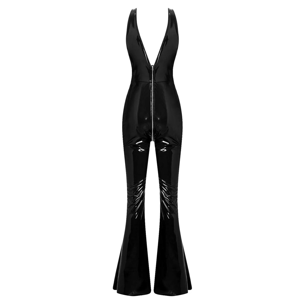 Womens Sexy Latex PU Leather Wet Look Jumpsuit V Neck Zipper Open Front Unitard Rompers Split Flared Pants Bell Bottoms Clubwear