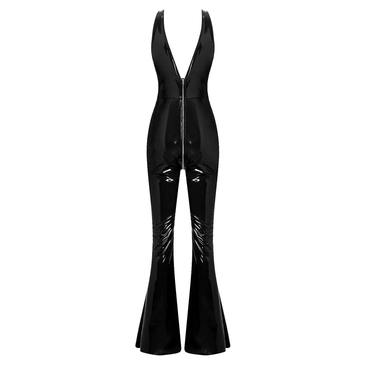 Womens Sexy Latex PU Leather Wet Look Jumpsuit V Neck Zipper Open Front Unitard Rompers Split Flared Pants Bell Bottoms Clubwear