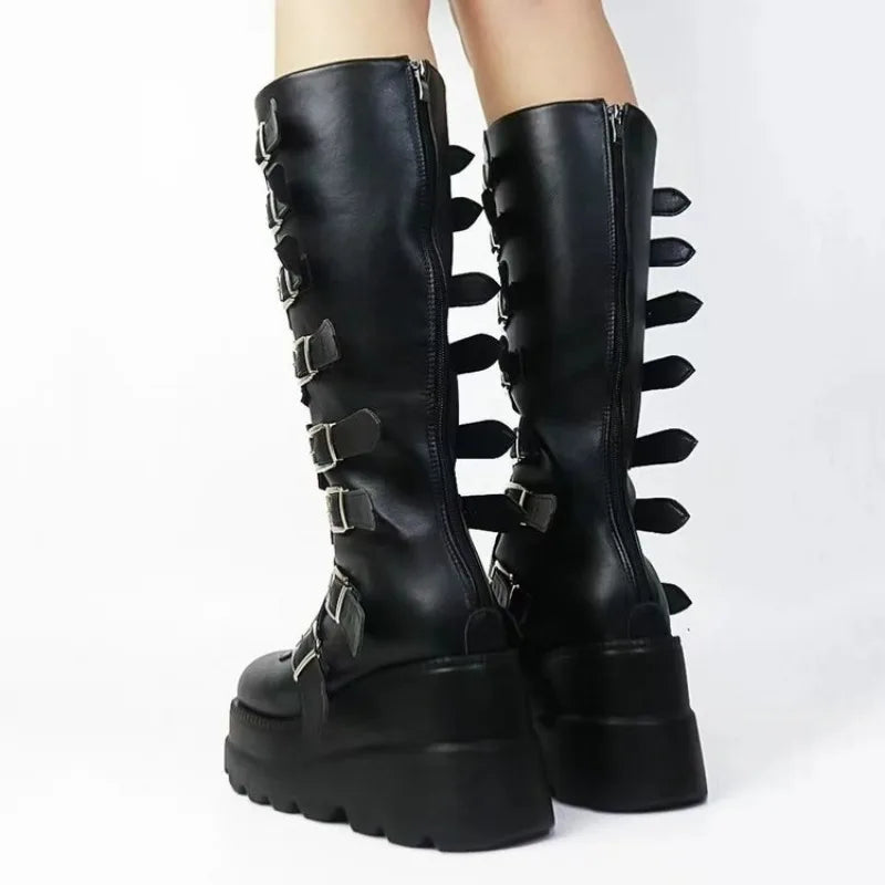 Women Boots Platform Long Boots Sexy Punk Black Motorcycles Boots Round Toe Knee High Boot Gothic Shoes Metal Buckle Women Shoes