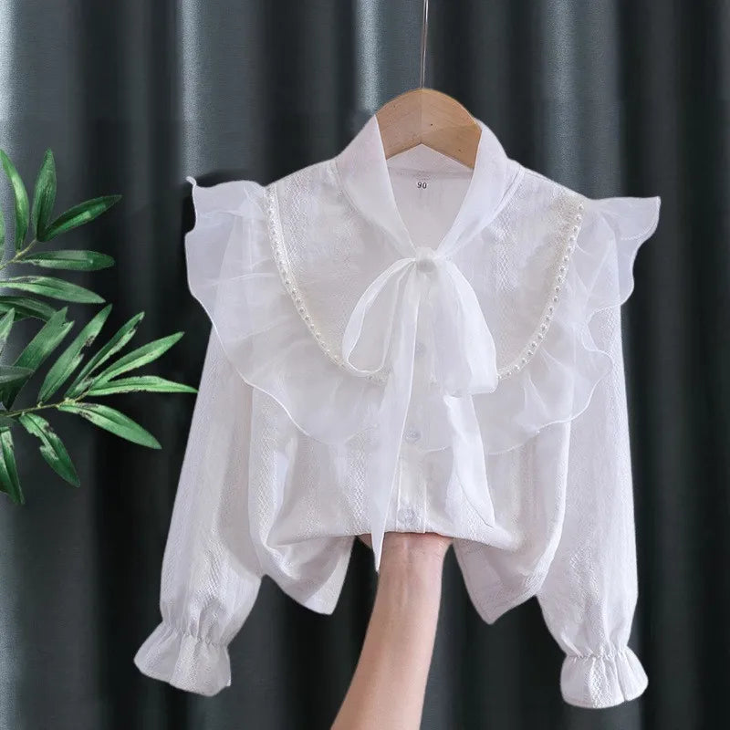 Kids Shirt White Long Sleeve Spring Autumn Class Uniform Performance Costume Lace Girls Student Wear New Girls