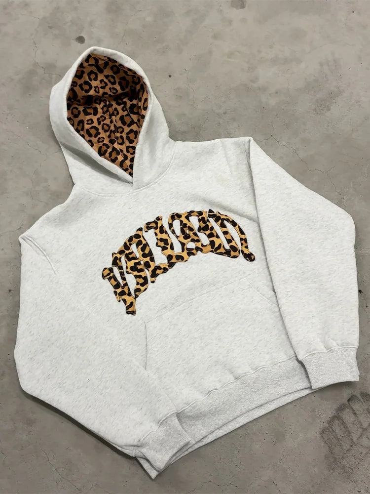 Y2K Trendy High-Quality Cross-Border Leopard Embroidered Casual Sports Men's and Women's Hooded Sweatshirt Pants