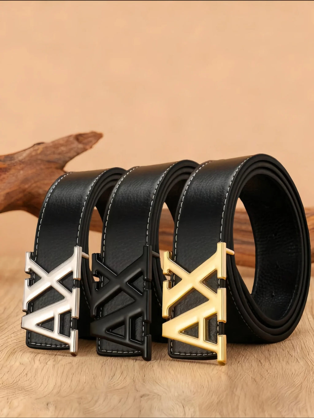 Men's  Belt with Silver A - Shape Automatic Buckle, Slim Business Casual Waist Strap for Dress Pants, Black